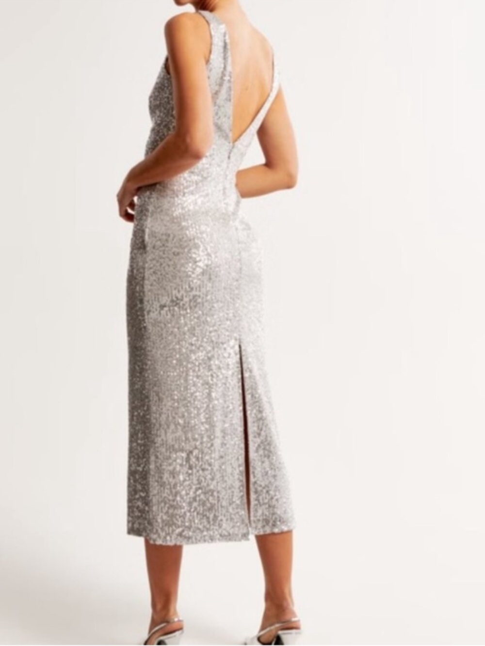 Abercrombie & Fitch Silver Sequin Plunge V-Neck Midi Dress - Picture 2 of 9